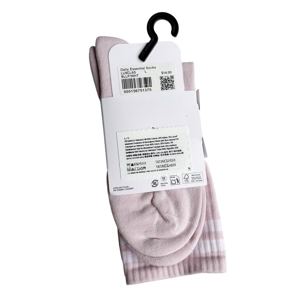 NWT Lululemon Daily Essential Crew Socks Pink Pastel Striped Large Women 9.5-12 - Picture 2 of 2